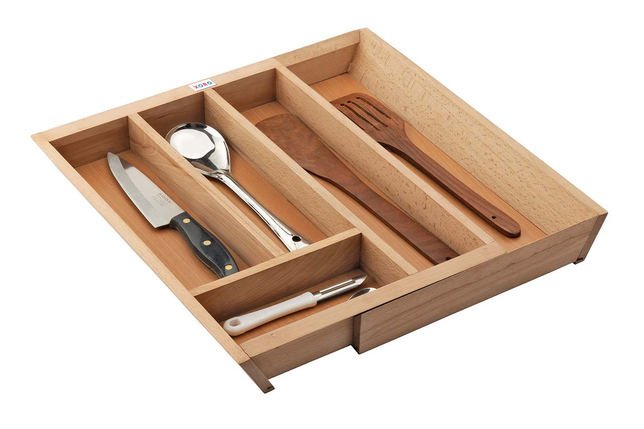 Wooden Expandable Cutlery Drawer Organizer, Kitchen Utensil Tray with Adjustable Compartments