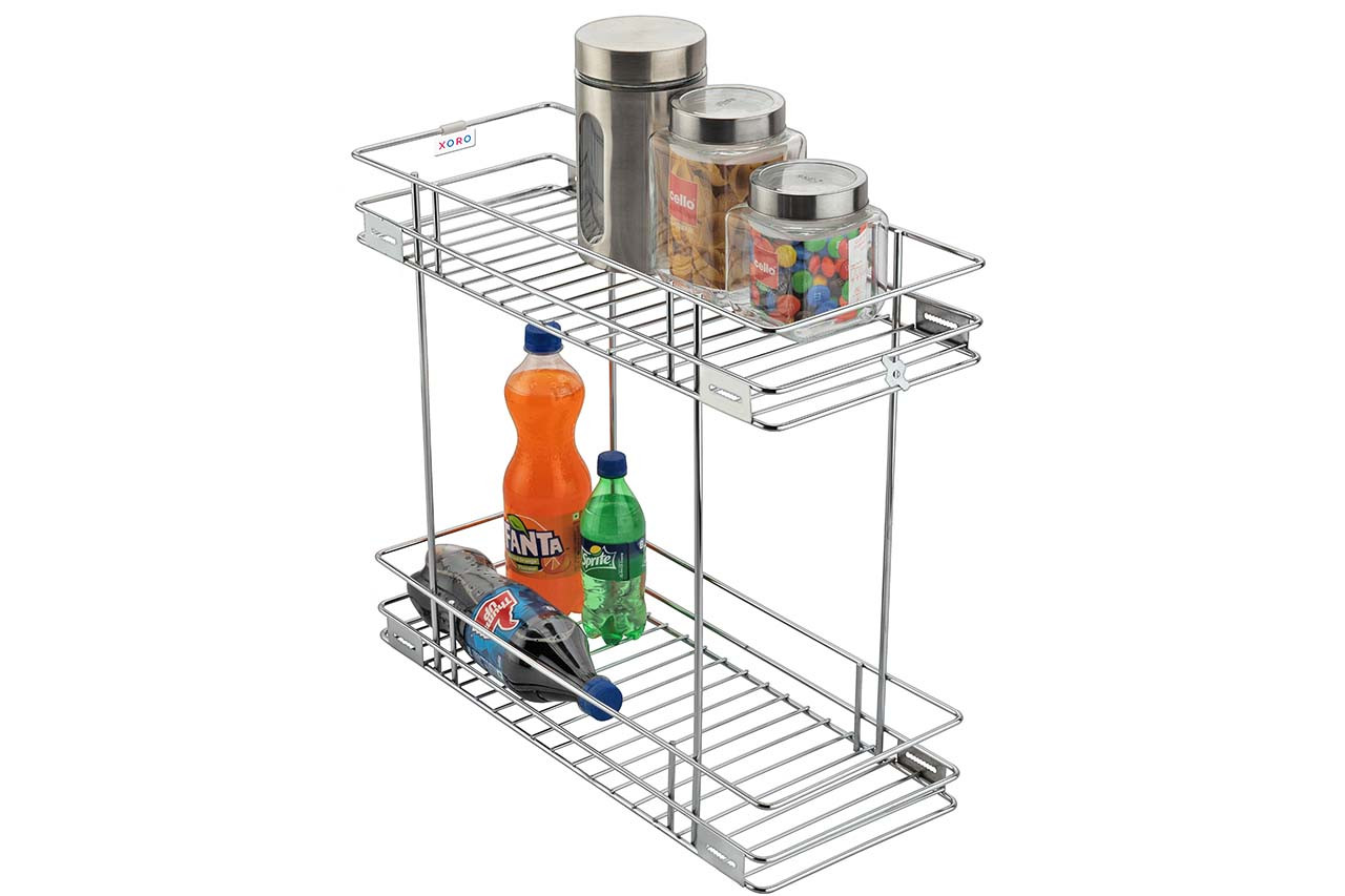 2-Tier Pull Out Cabinet Organizer, Sliding Storage Shelf, Chrome Wire Basket