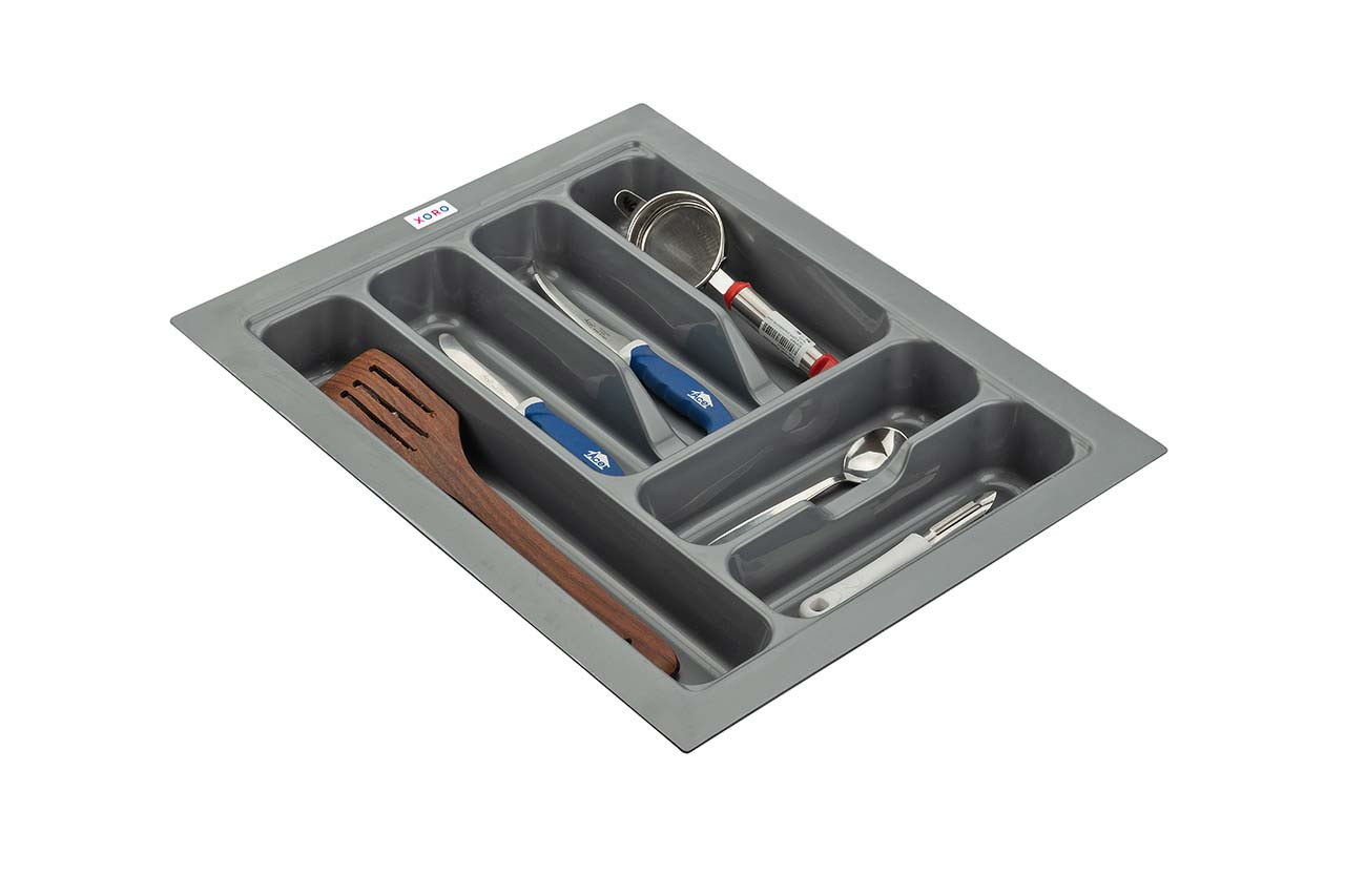 Kitchen Drawer Organizer, 7-Compartment Cutlery Tray, Gray PVC
