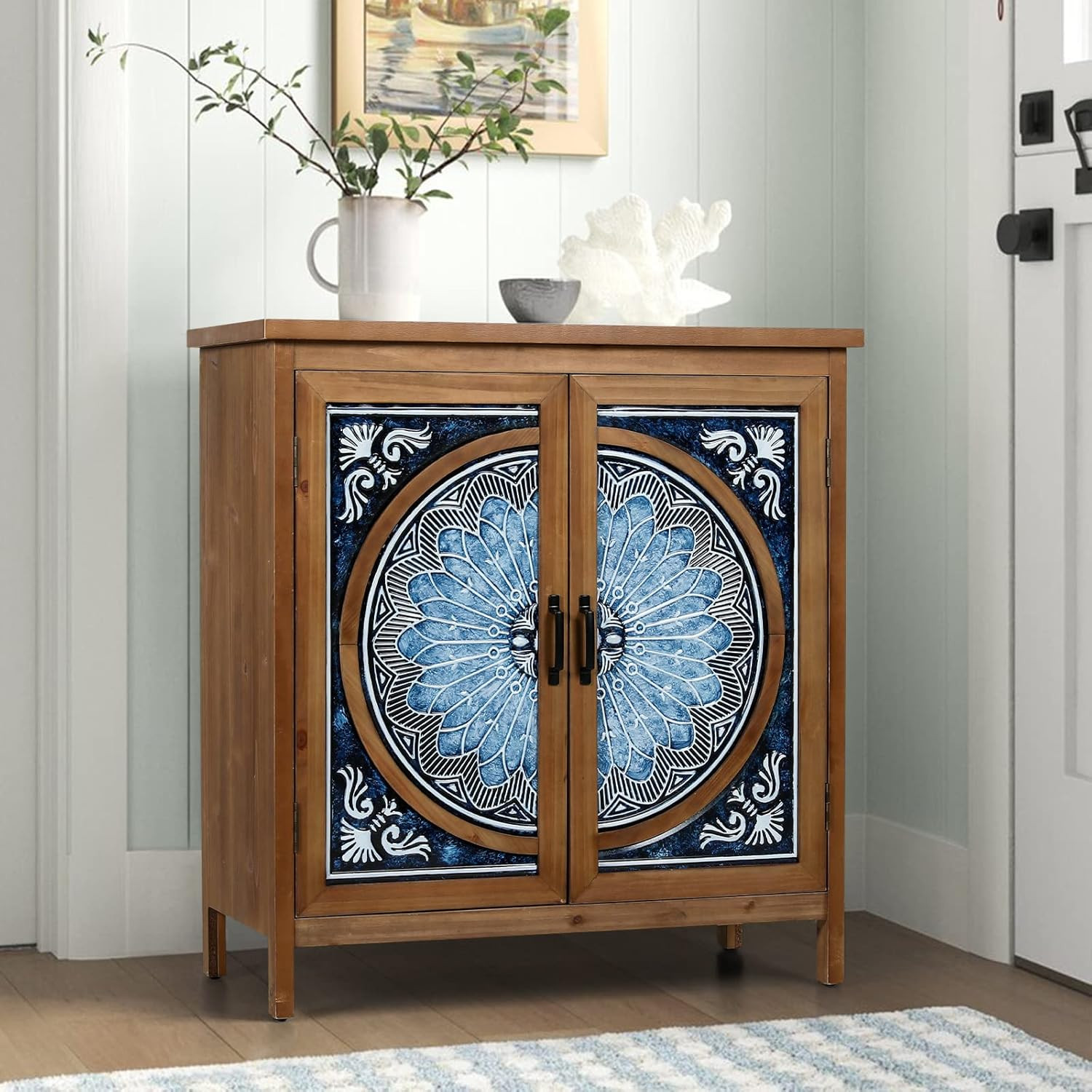 2-Door Accent Cabinet, Distressed Storage Cabinet with Blue and White Porcelain Pattern
